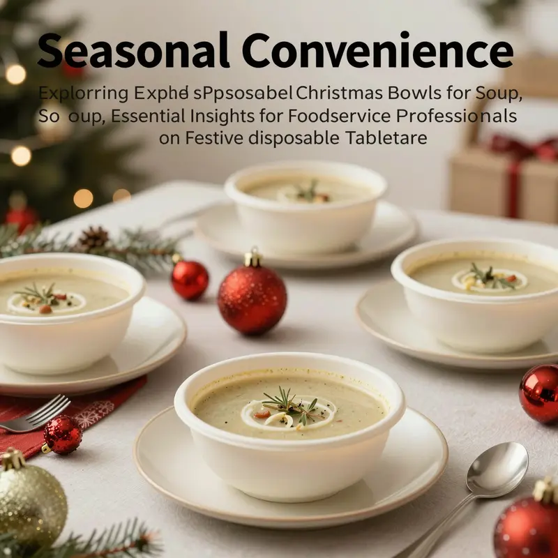 A table elegantly set for Christmas dinner with disposable soup bowls, holiday decor, and glowing lights.