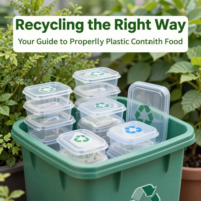 A collection of cleaned plastic containers beside greenery, indicating eco-friendliness.