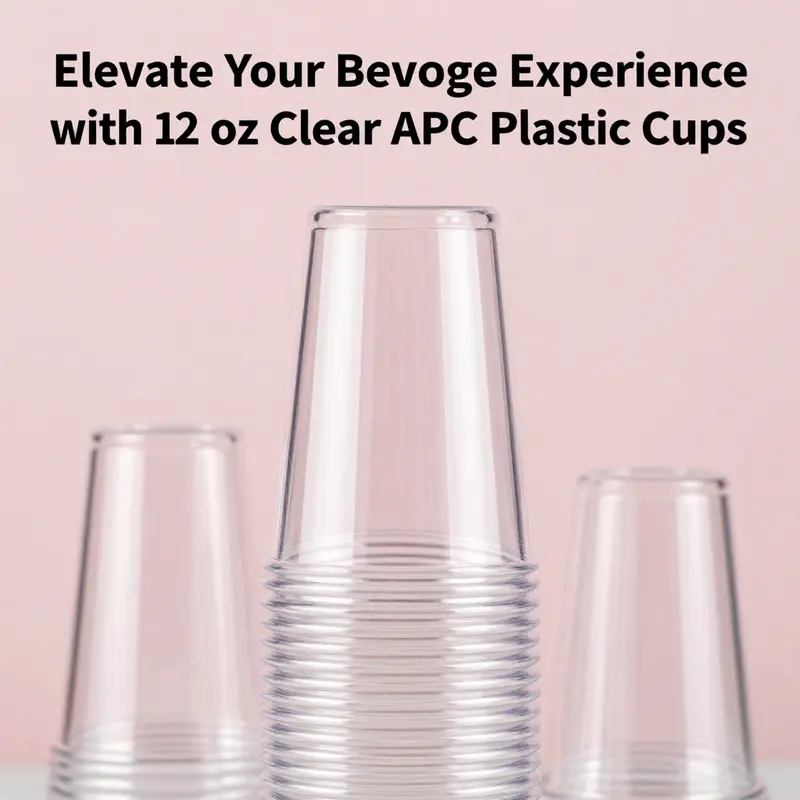 A stack of glossy clear 12 oz APC plastic cups displaying their elegant design.