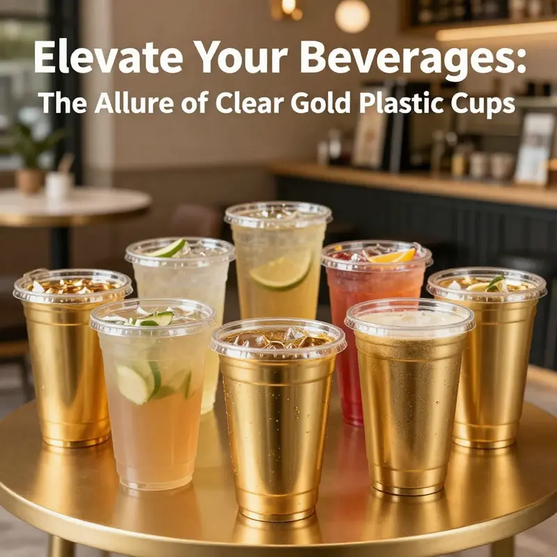 A lineup of clear gold plastic cups filled with colorful drinks in an elegant café environment.