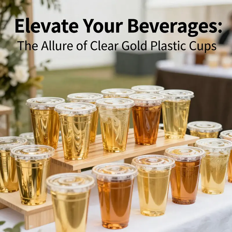 Beautifully designed clear gold plastic cups elevate the presentation of beverages.