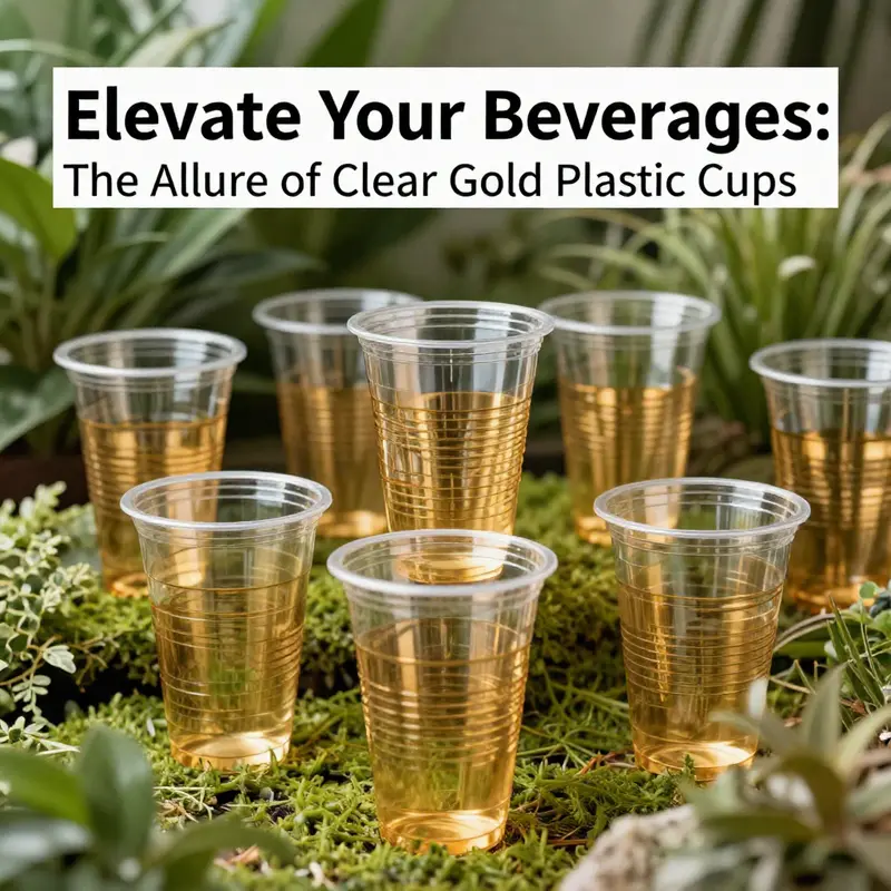 Beautifully designed clear gold plastic cups elevate the presentation of beverages.