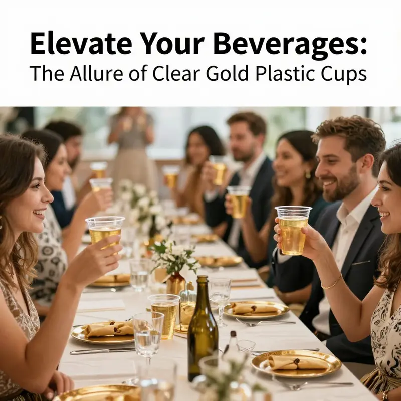 Beautifully designed clear gold plastic cups elevate the presentation of beverages.