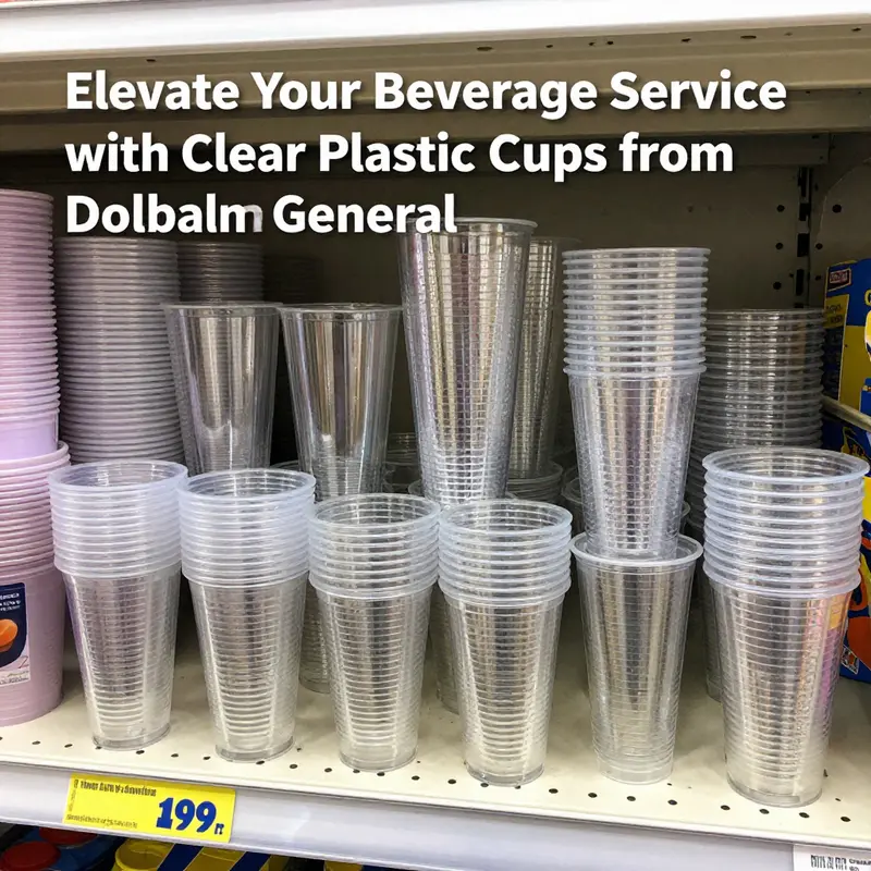 A variety of clear plastic cups available at Dollar General, showcasing their practicality for different beverage services.
