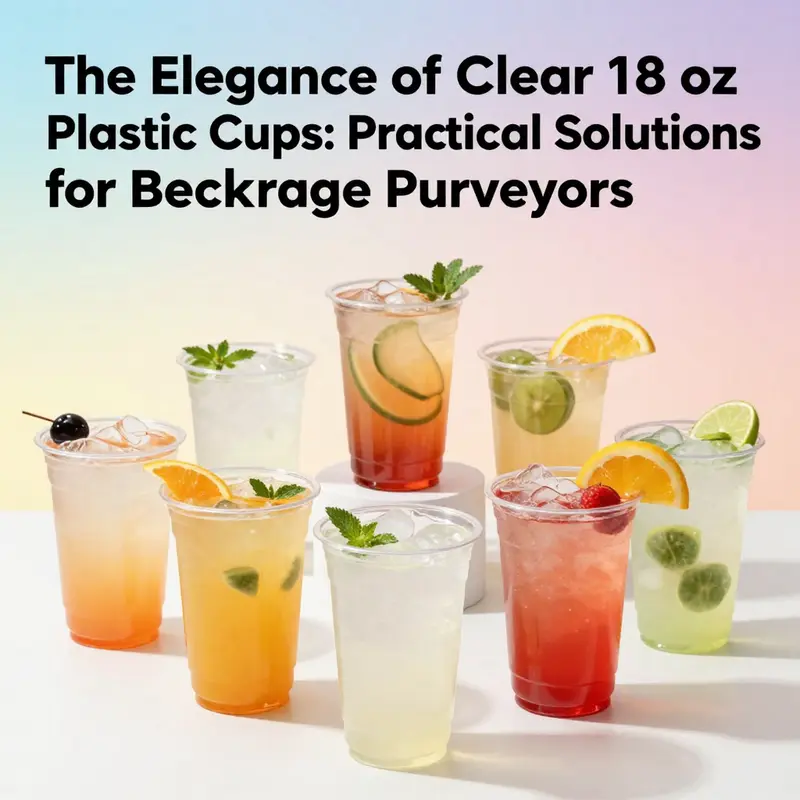 A vibrant display of clear 18 oz plastic cups filled with colorful beverages and garnishes, showcasing their versatility.