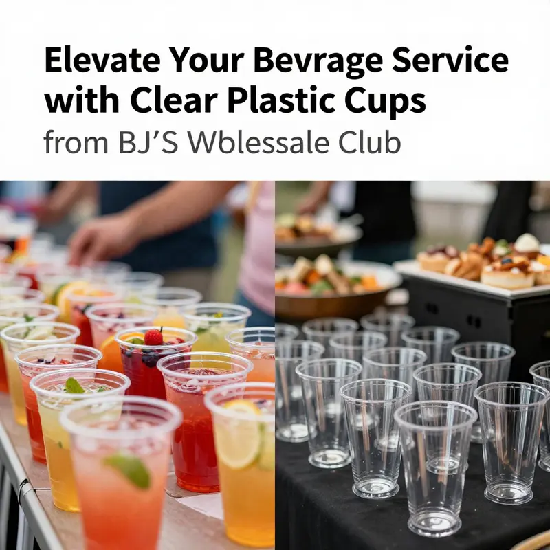 A variety of clear plastic cups available at BJ’s Wholesale Club, ideal for catering and beverage needs.