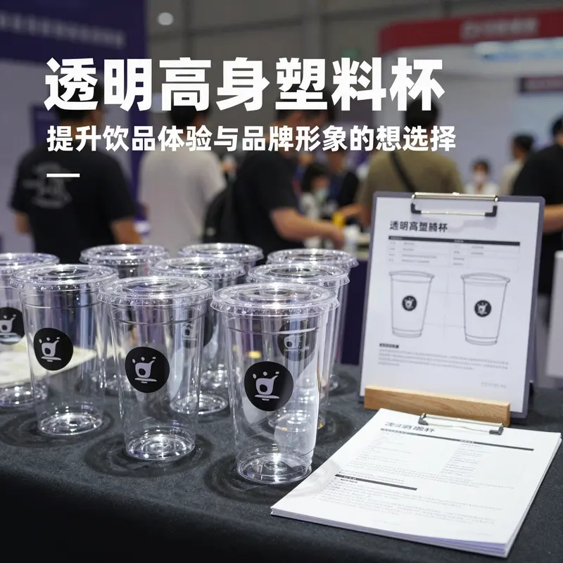 各种饮品盛装在透明高身塑料杯中，展现其产品特性和多样用途。