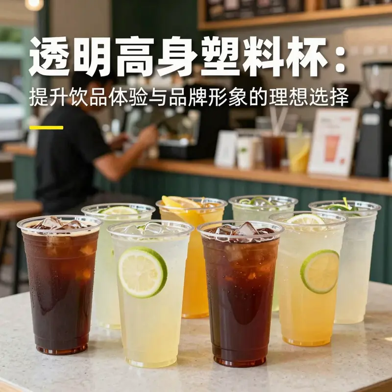 各种饮品盛装在透明高身塑料杯中，展现其产品特性和多样用途。
