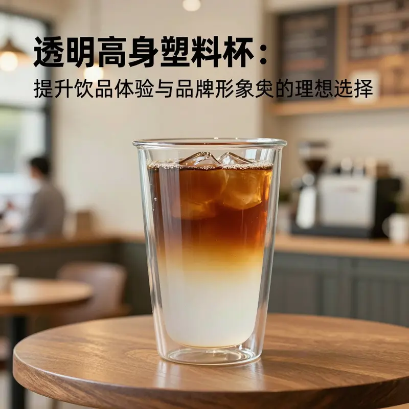 各种饮品盛装在透明高身塑料杯中，展现其产品特性和多样用途。