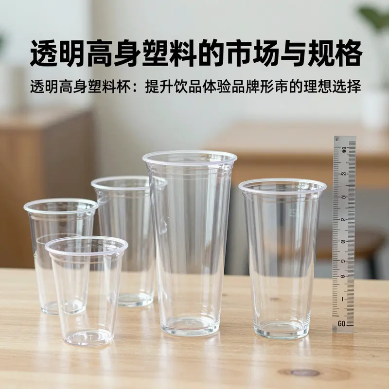 各种饮品盛装在透明高身塑料杯中，展现其产品特性和多样用途。