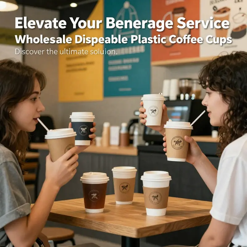 Customer-filled coffee shop with colorful disposable plastic coffee cups on tables.