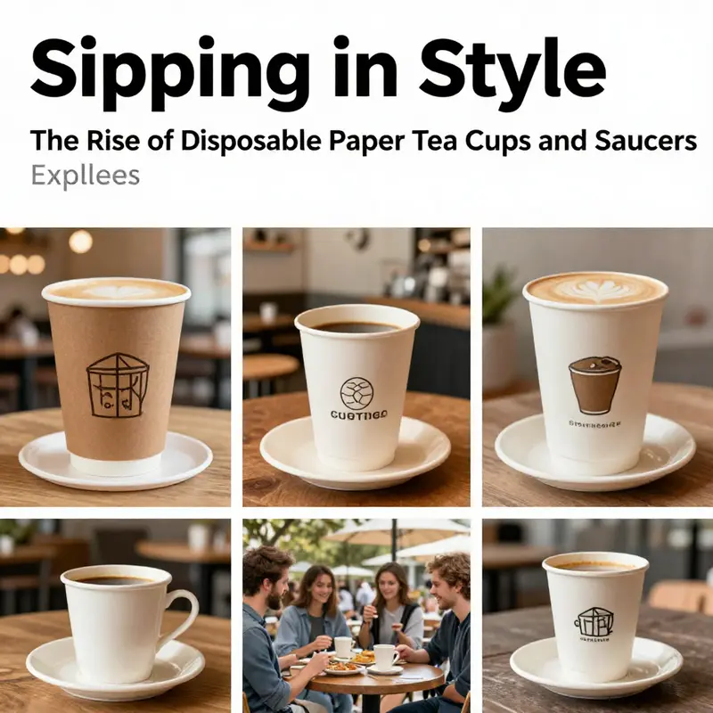 A vibrant collage featuring disposable paper tea cups and saucers in use at different venues, showcasing their diverse applications.