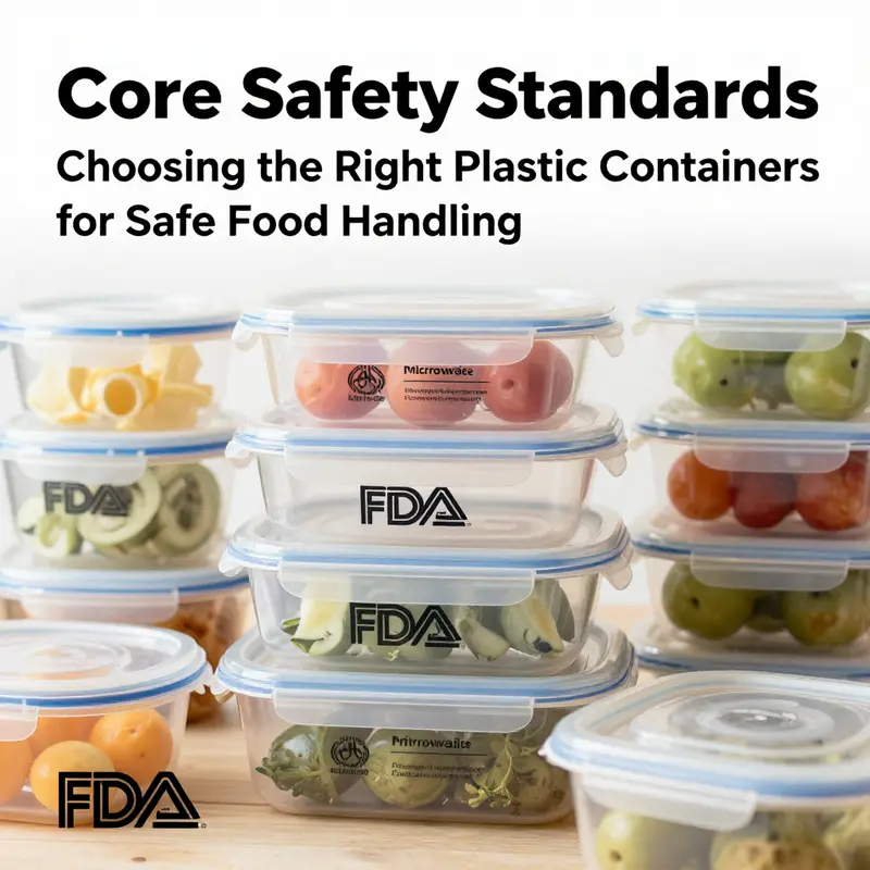 An arrangement of certified plastic food containers emphasizing their safety standards for food handling.
