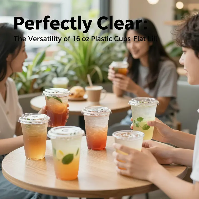 Café scene with customers delightedly sipping from 16 oz clear plastic cups filled with colorful drinks, surrounded by greenery.
