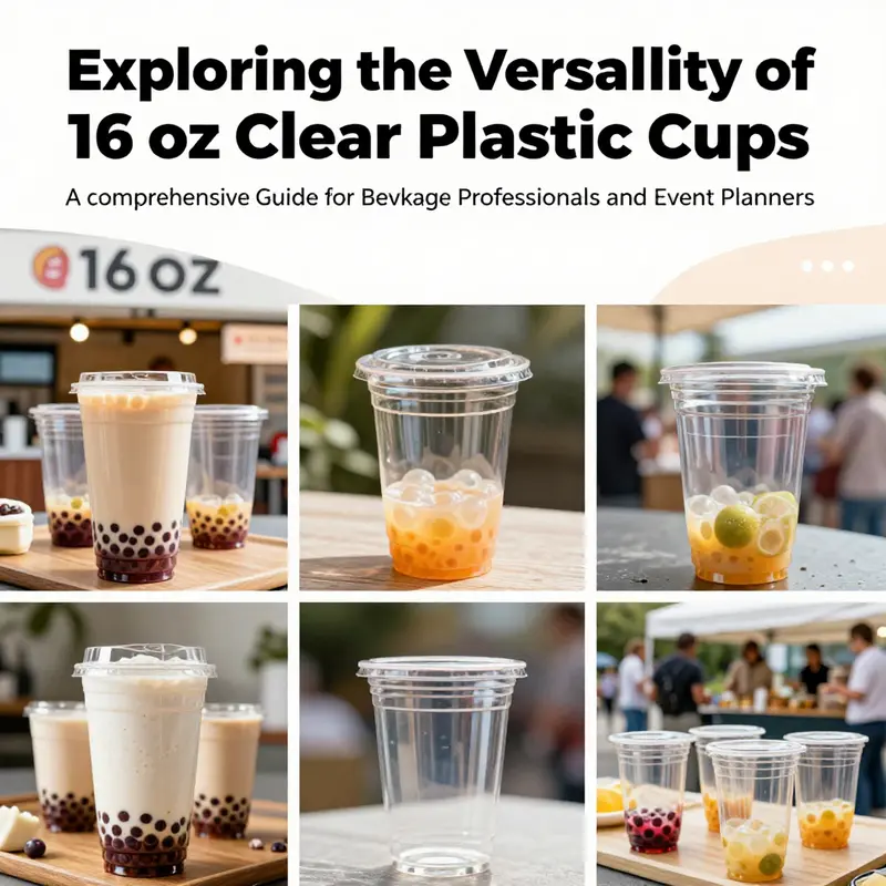 A collage showing different settings where 16 oz clear plastic cups are utilized.