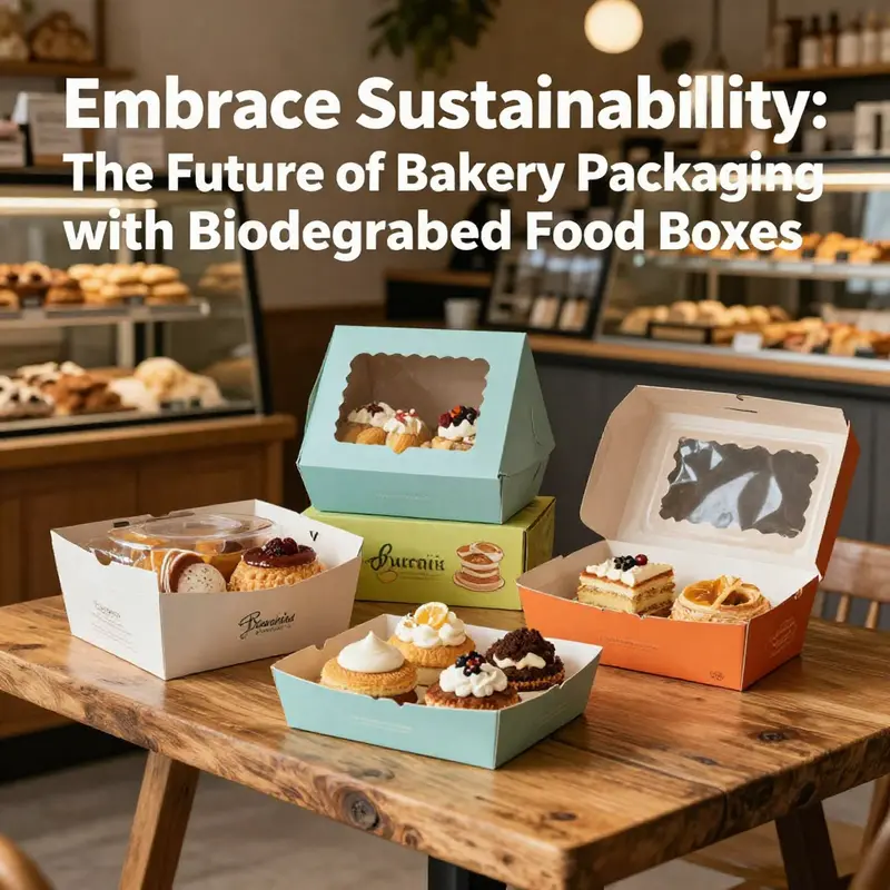 Selection of biodegradable bakery food boxes filled with pastries, displayed in a rustic bakery environment.