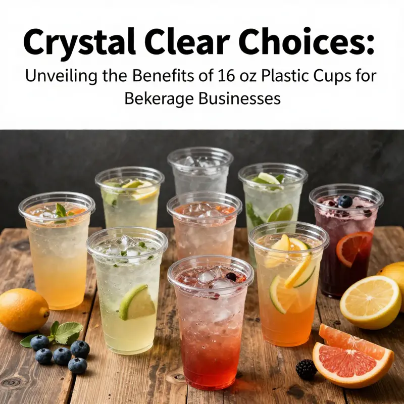 An array of clear 16 oz plastic cups filled with colorful drinks and garnished with fruits on a wooden table.