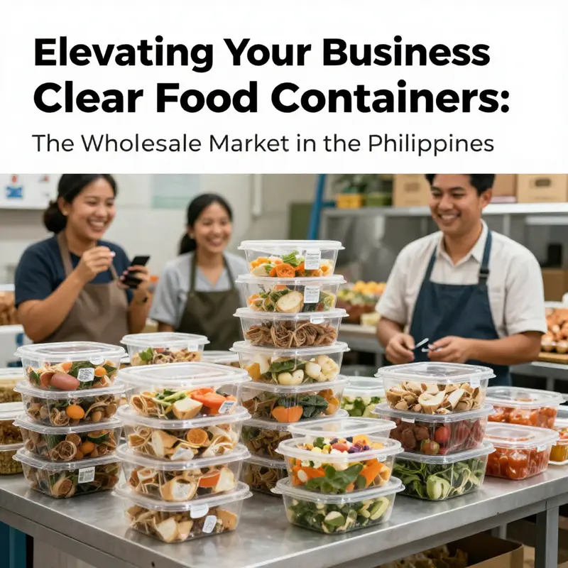 Various clear food containers showcased alongside happy business owners in a food service setting.