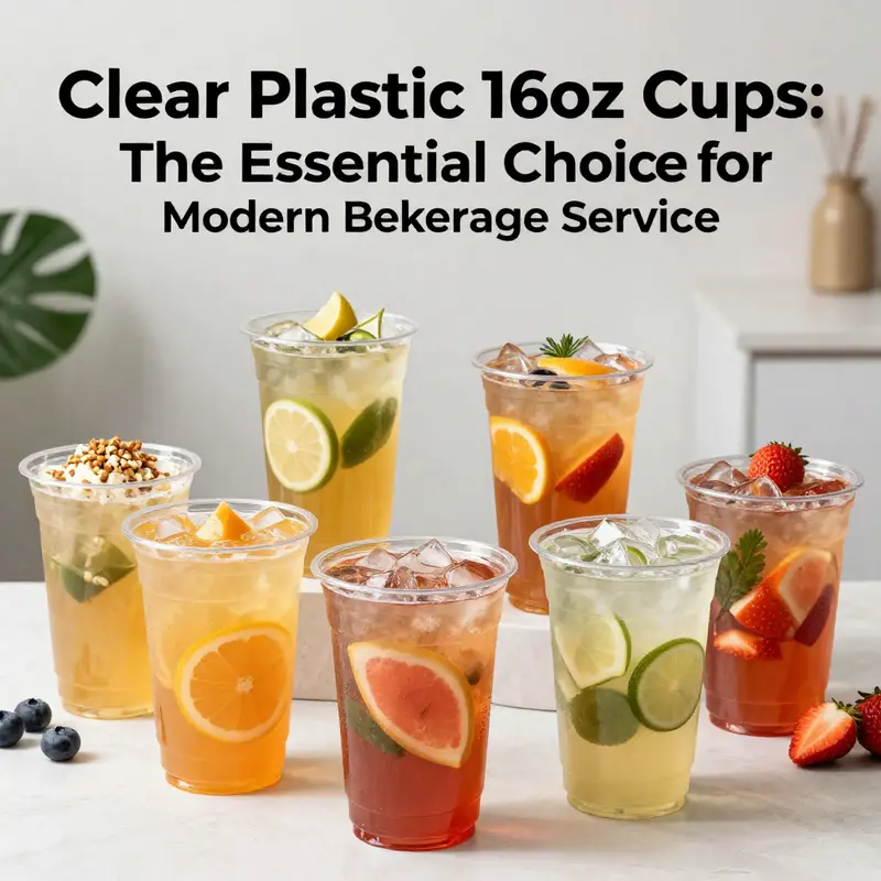 Clear plastic 16oz cups filled with various iced beverages and vibrant fruits against a clean background.