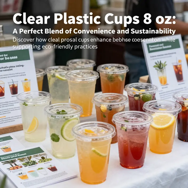 A vibrant arrangement of 8 oz clear plastic cups with drinks, set against a backdrop of promotional materials emphasizing sustainability.