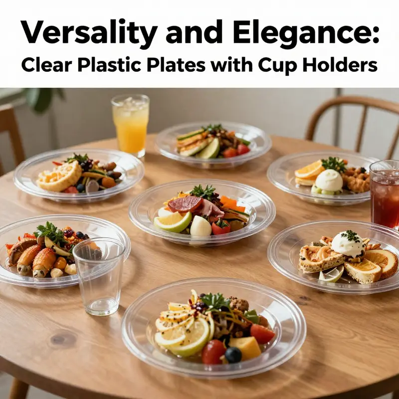 A vibrant table display with clear plastic plates with cup holders, showcasing food and drinks.