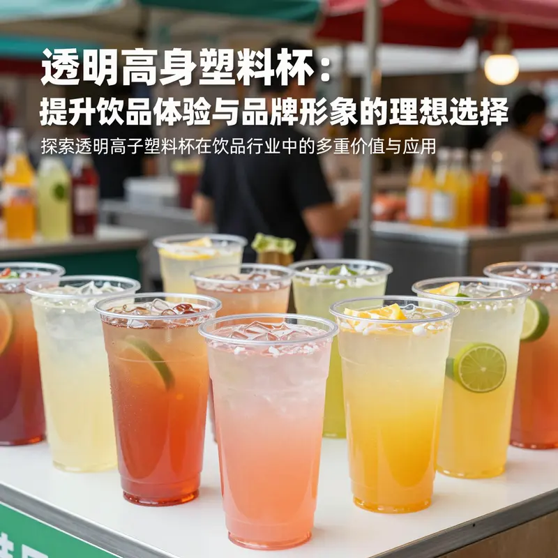一组透明高身塑料杯盛放各种饮品，背景为活力四射的饮品市场。