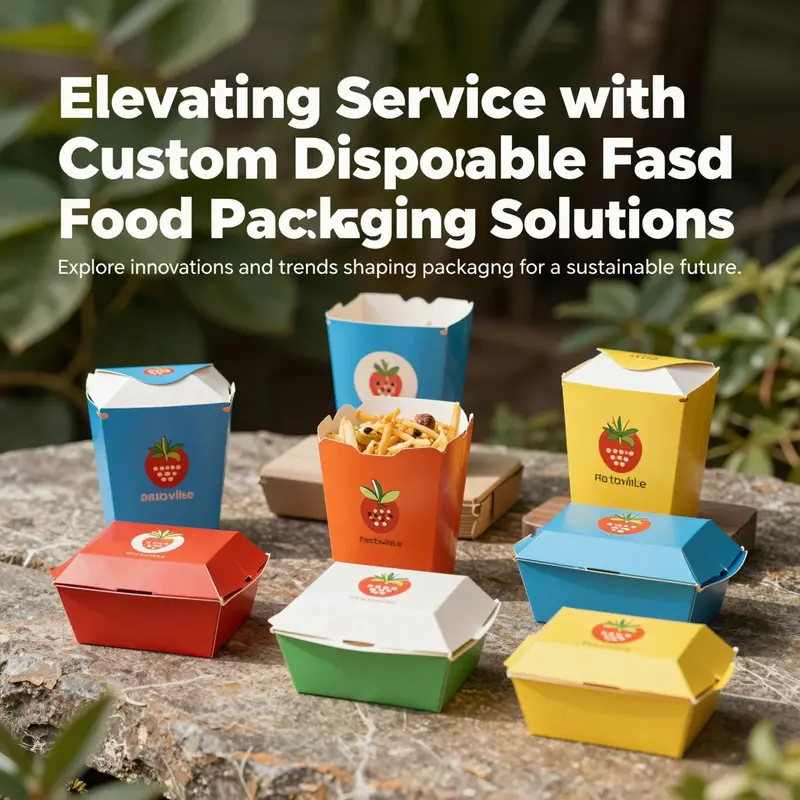 Colorful custom fast food packaging boxes displayed creatively against a natural backdrop.