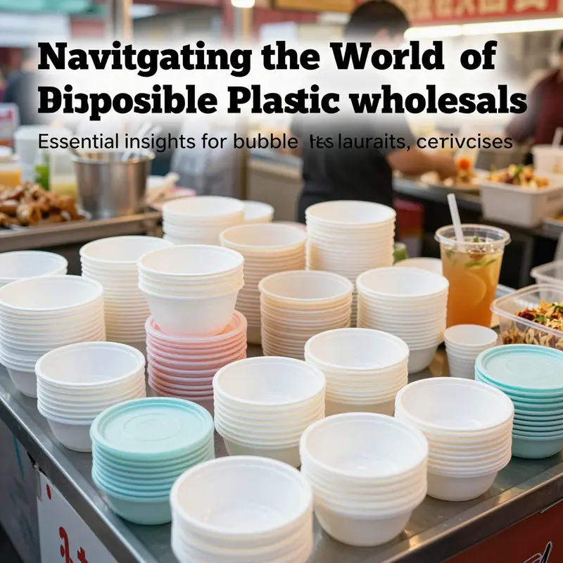 An active food market with disposable plastic bowls being used for various food items.