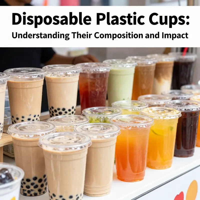 Colorful disposable plastic cups with different beverages displayed on a market stall.