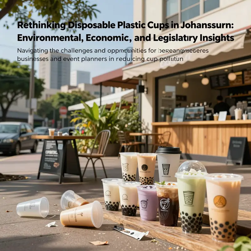 Johannesburg street cafe with mixed disposable plastic cups and eco-friendly alternatives visible, cityscape and greenery around.
