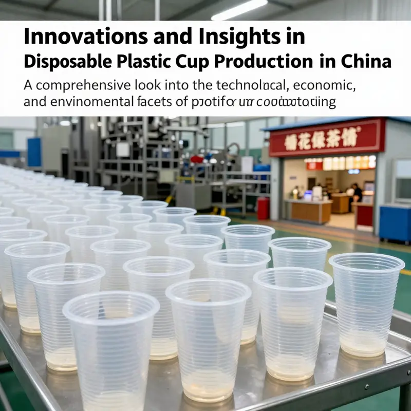 A collage showcasing disposable plastic cups alongside a production line and drinks commonly served in such cups.
