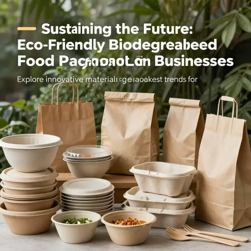 A collage displaying different types of eco-friendly biodegradable food packaging such as containers, bags, and utensils.