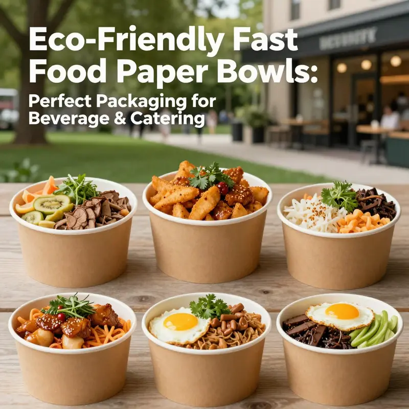A pleasing assortment of fast food paper bowls with different contents set against a green park background.