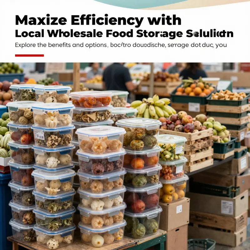 An active food market scene showcasing various food storage containers in use.