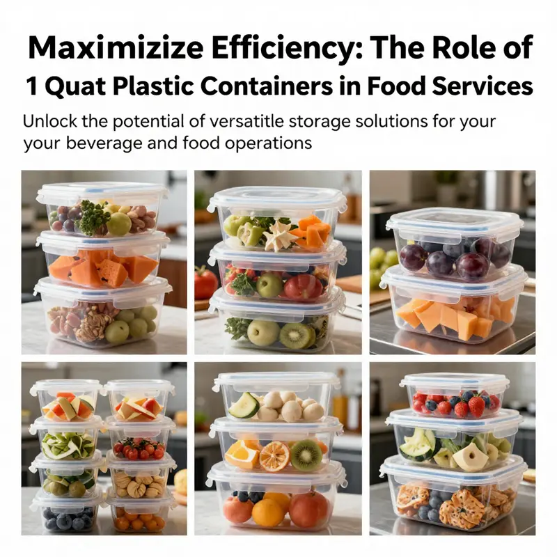 A vibrant collage displaying various 1 quart plastic food containers filled with colorful food items, ideal for food service environments.