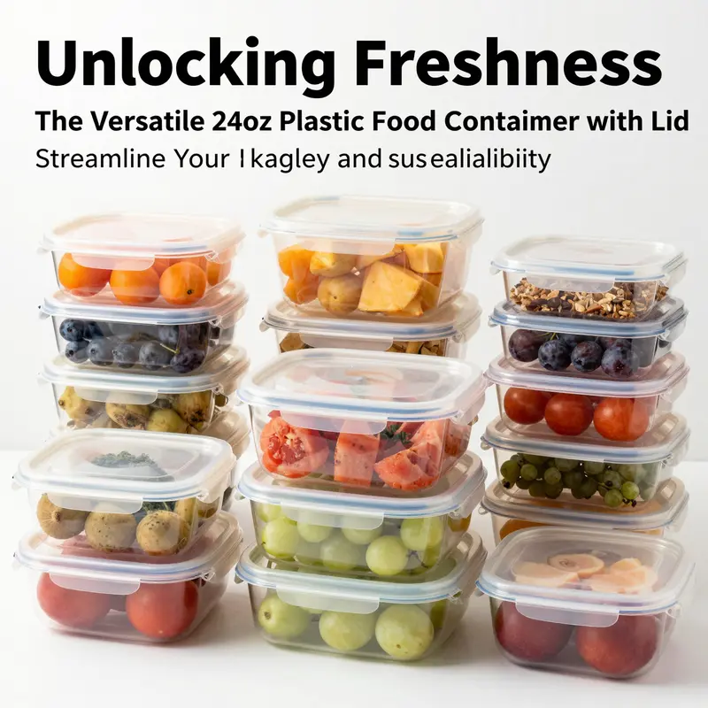 24oz plastic food containers filled with food, showcasing freshness and variety.