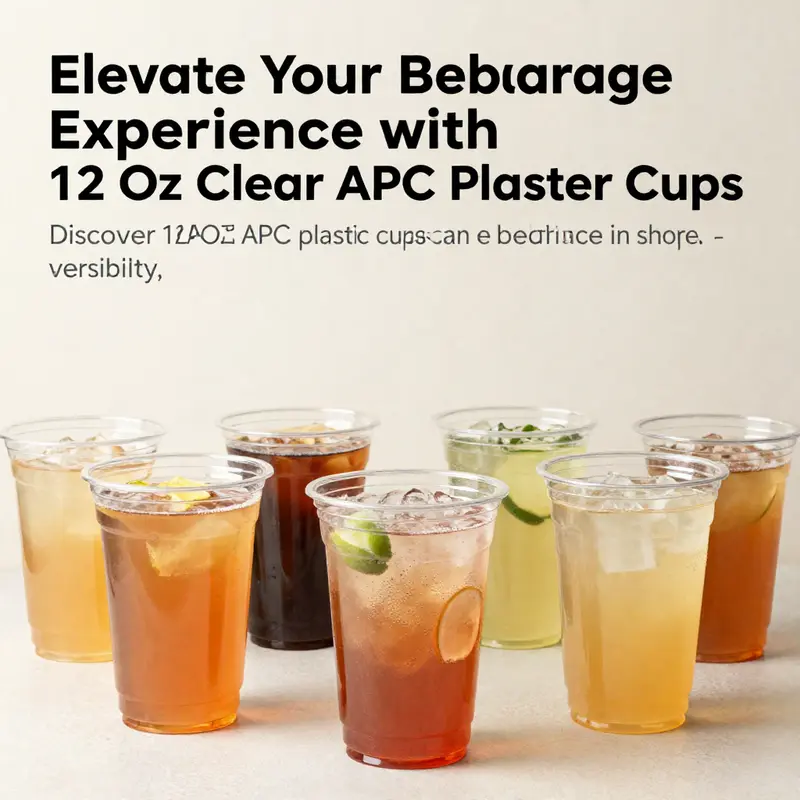 A display of various drinks served in clear 12 oz APC plastic cups, highlighting their versatility for all beverage types.