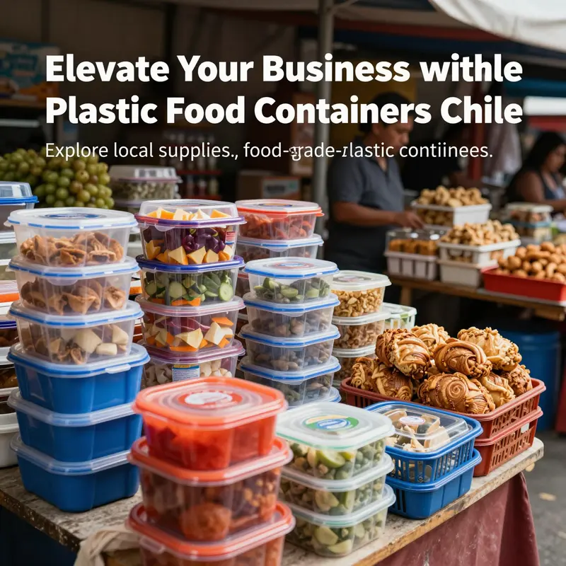 A lively food market scene in Arica, Chile, featuring colorful food containers used for various culinary delights.