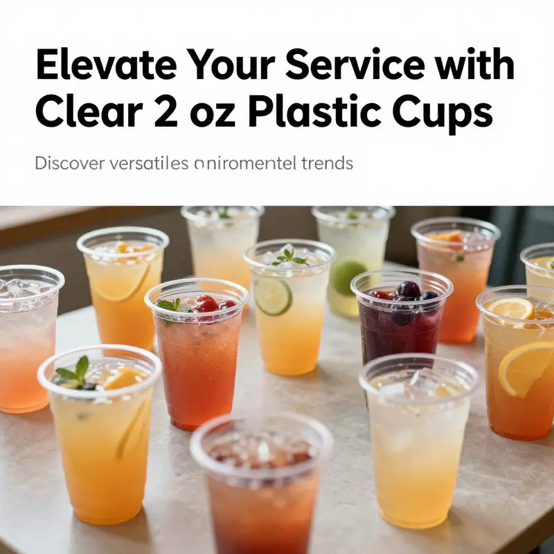 A table displaying a variety of clear 2 oz plastic cups with drinks and samples in a food service context.