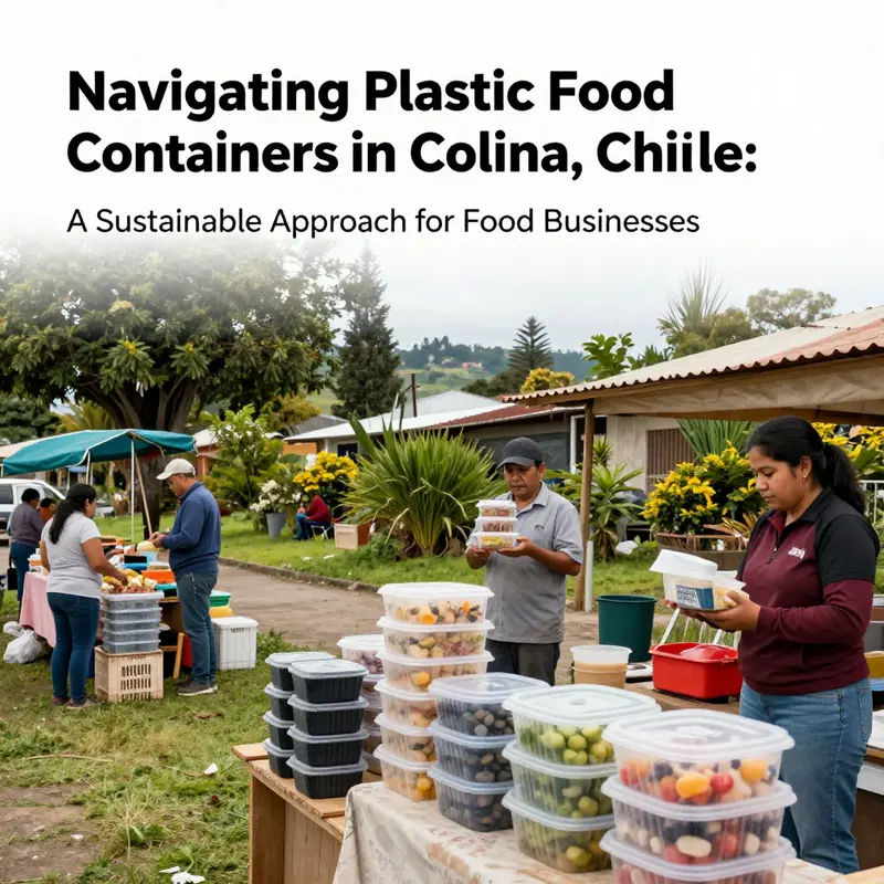 A scenic view of Colina, Chile, illustrating food vendors using plastic containers in a green, thriving community.