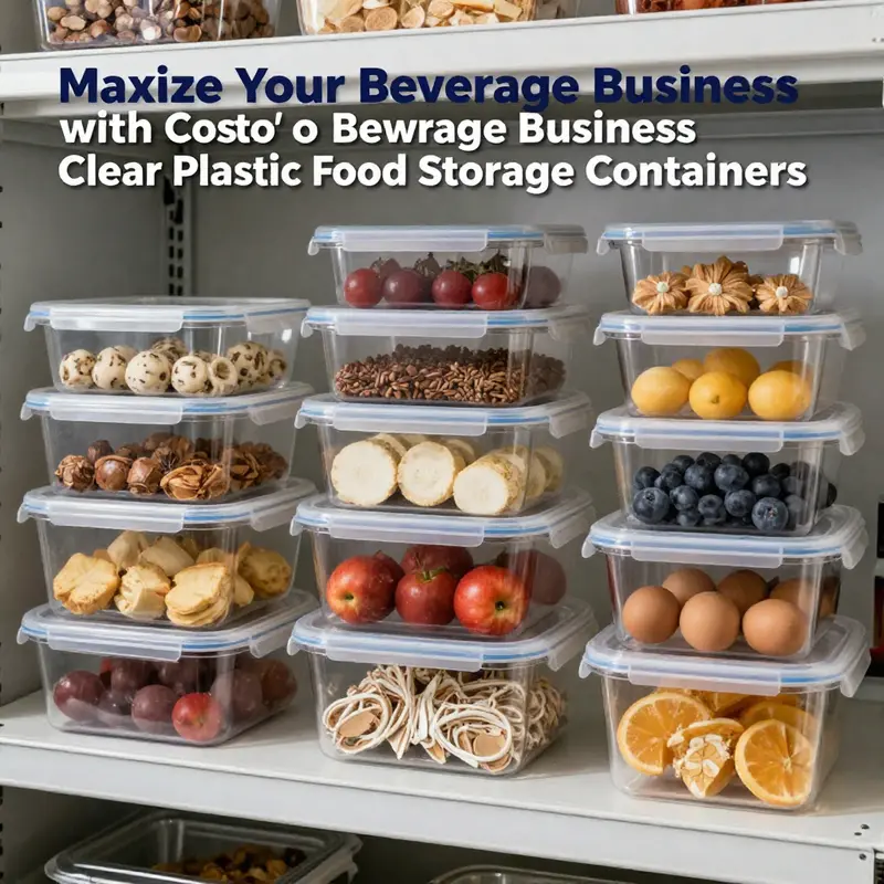 A kitchen shelf arranged with Costco clear plastic food storage containers, highlighting the benefits of organization and food safety.