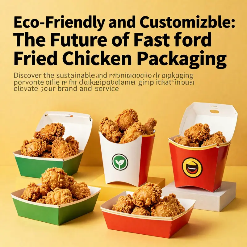 A collection of colorful and diverse disposable fried chicken packaging boxes arranged attractively, showcasing sustainable materials and logos.