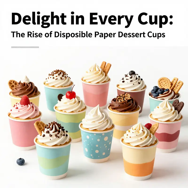 A displayed arrangement of assorted disposable paper dessert cups populated with various desserts, highlighting their aesthetic appeal.