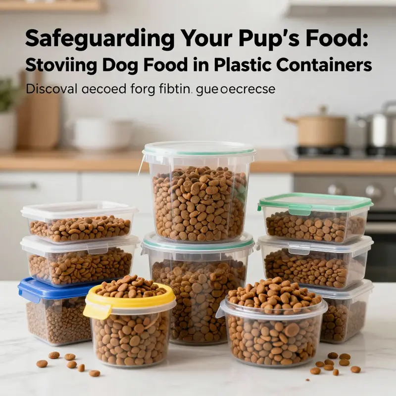 A colorful assortment of dog food in plastic containers displayed in a clean kitchen setting.