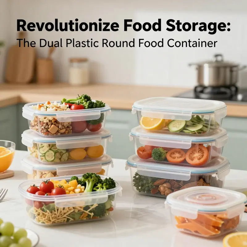 Colorful dual plastic round food containers filled with different foods, set in a modern kitchen to showcase their versatility and appeal.