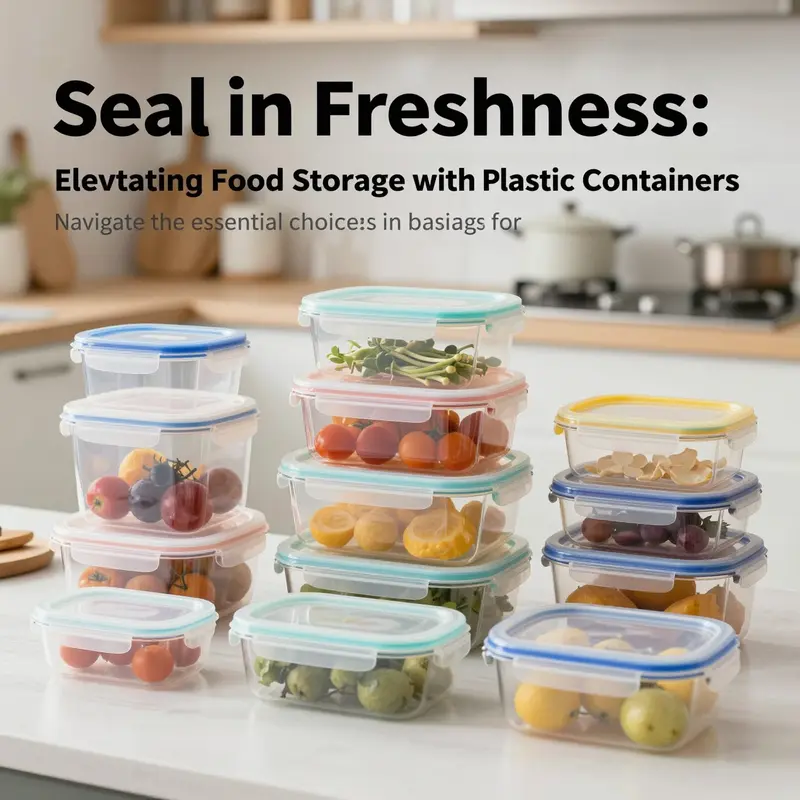 An assortment of plastic food storage containers with lids showcasing various colors and sizes in a kitchen setting.
