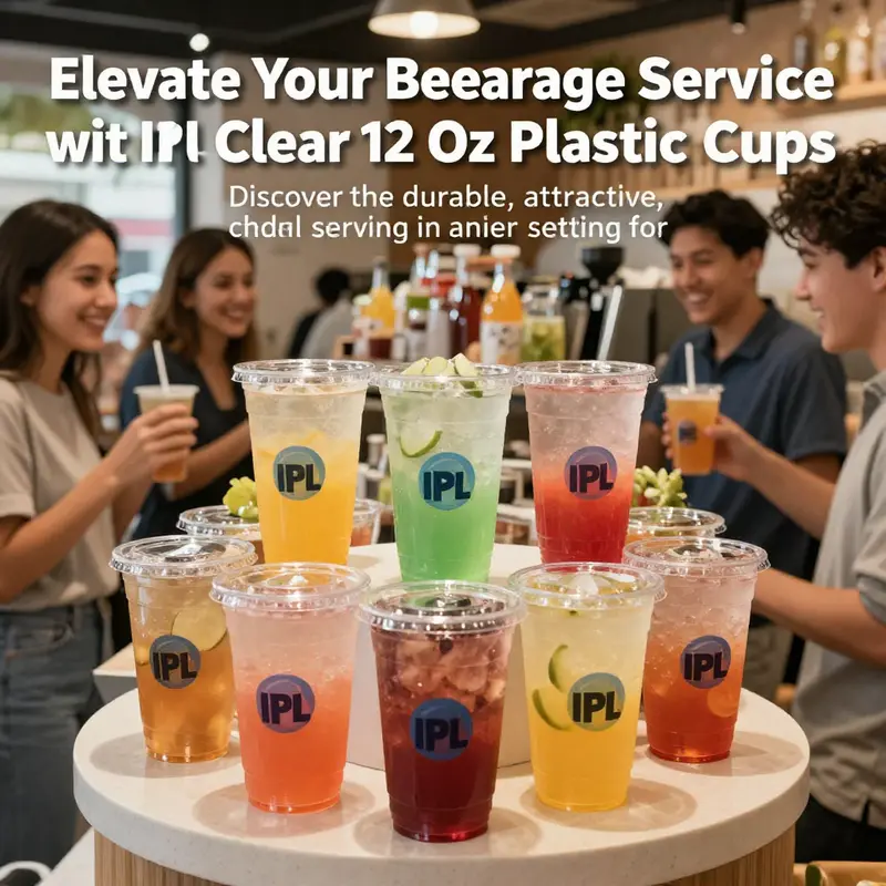 Beverage shop filled with customers enjoying drinks served in IPL clear 12 oz plastic cups, illustrating their popularity.