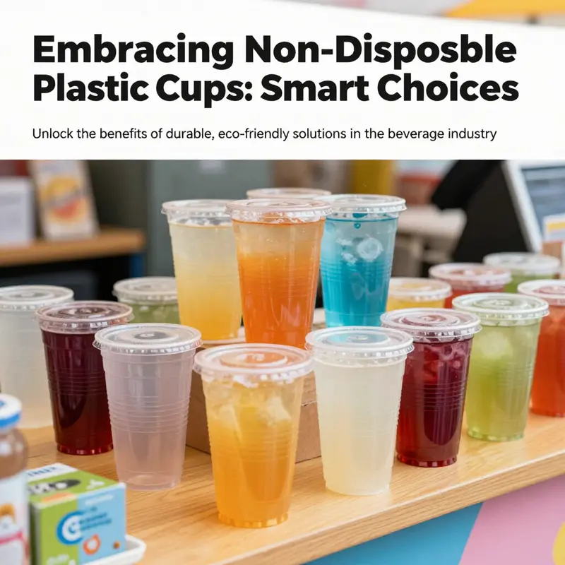 A colorful beverage bar featuring a variety of non-disposable plastic cups filled with refreshing drinks.