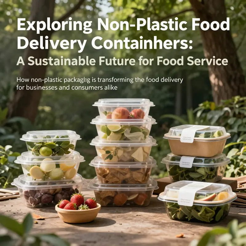 Non-plastic food delivery containers in an outdoor environment, emphasizing sustainability and eco-friendliness.