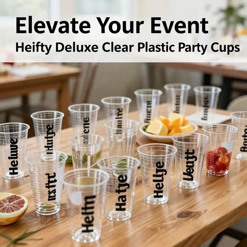 A beautifully arranged event table featuring Hefty Deluxe Clear Plastic Party Cups in different sizes and styles, symbolizing versatility.
